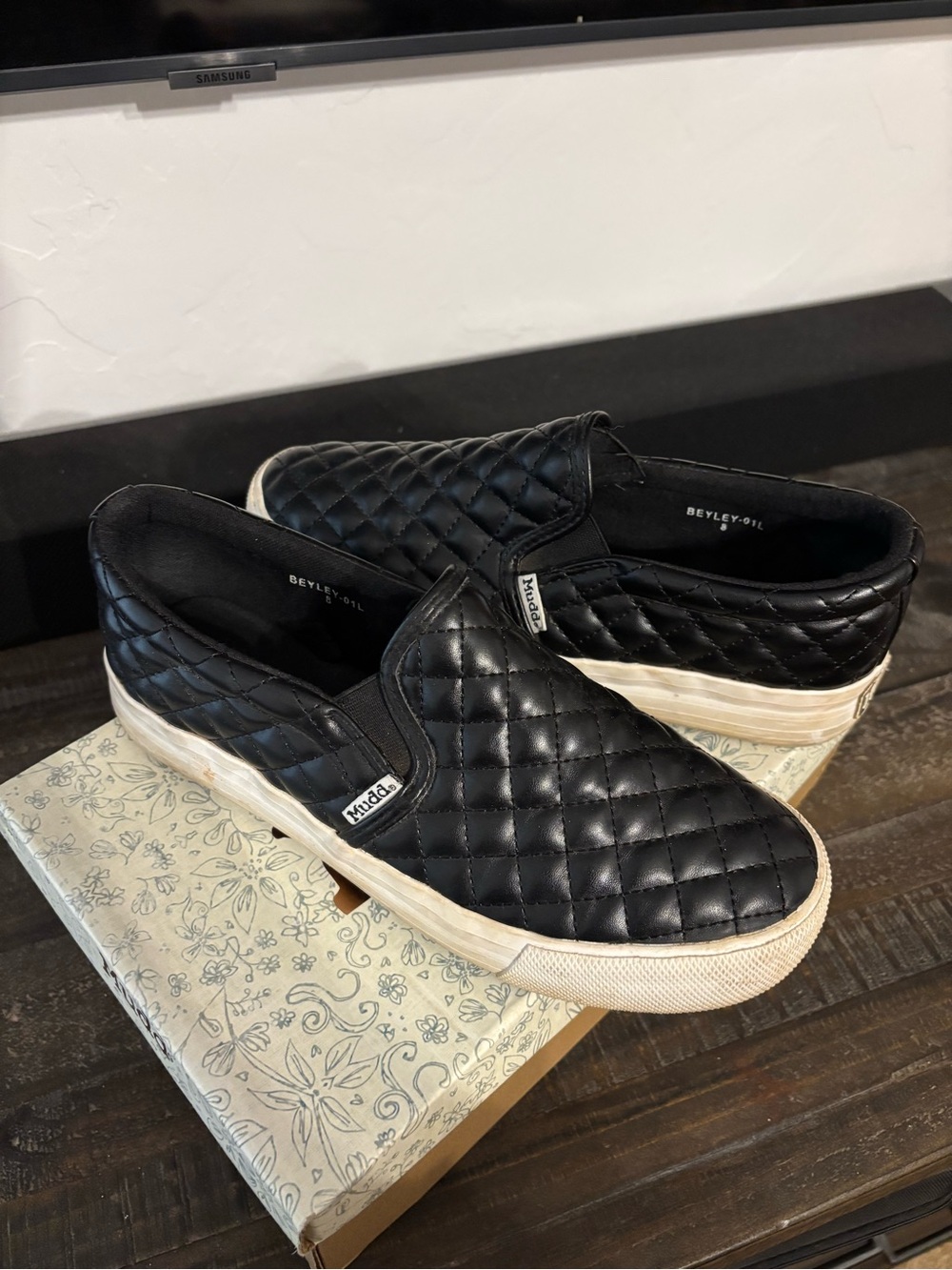 Mudd Black Quilted Slip-On Loafers with White Soles